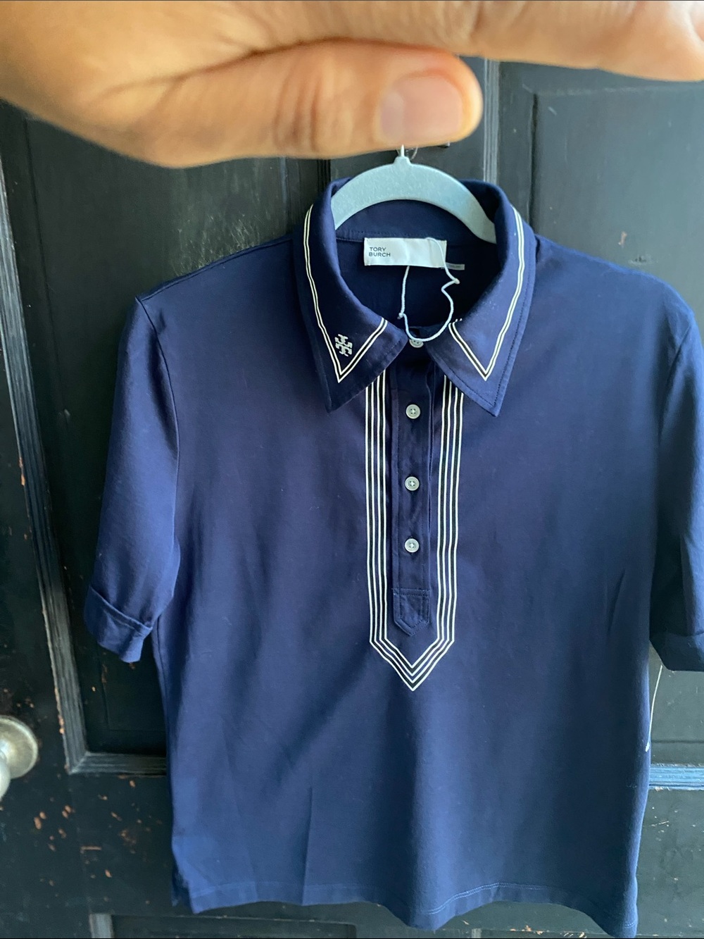 Tory Burch Navy Polo with White Piped Trim